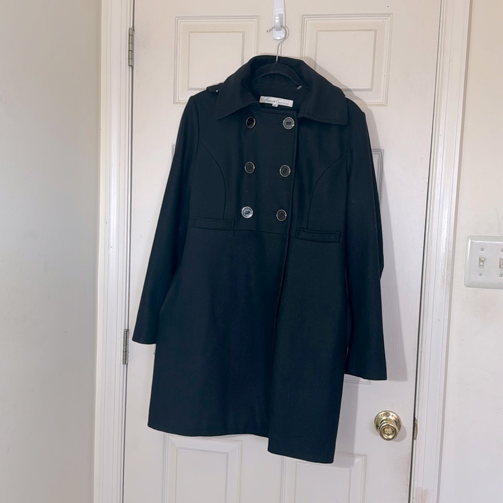 Kenneth Cole Black Women’s Wool Long Coat Size 8 With Removable Hoodie Excellent